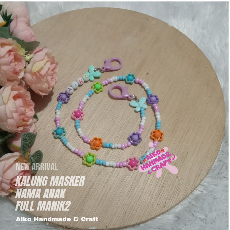 ⭐Aiko⭐ Kalung Tali Pengait Strap Masker Nama Anak Kekinian Full Monte Manik Pasir