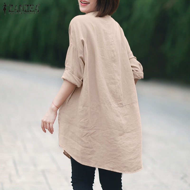 ZANZEA Women Fashion Retro Blouse Plain Crew Neck Full Sleeve Casual Loose Daily Travel Cotton Shirt