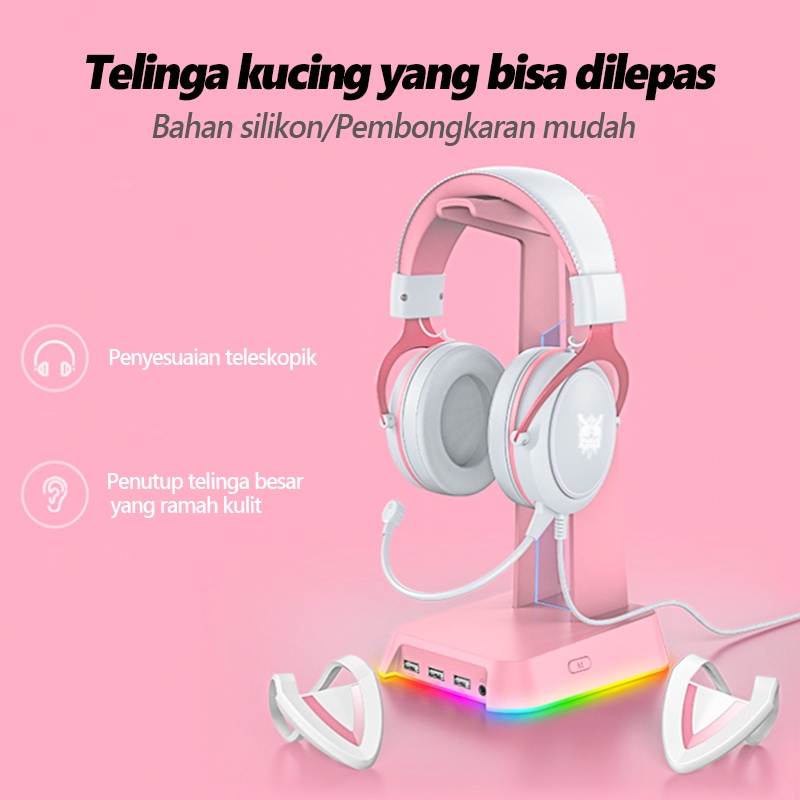 ONIKUMA X10 Pink Cute Cat Ears RGB Head-Mounted PC Gaming Headset RGB Earphone Pembatalan Kebisingan Headphone Gaming