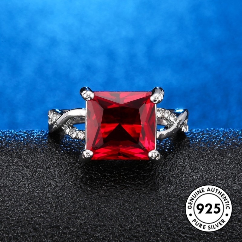 Cincin Ruby Bentuk Kotak Bahan S925 Silver