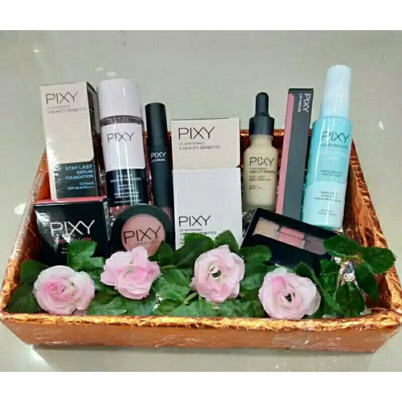 PIXY PAKET (FREE POUCH) ISI 7 /PIXY PAKET MAKE UP SESERAHAN HANTARAN /MAKE IT GLOW AQUA SPRAY