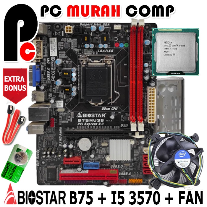 PAKET MAINBOARD i5 MOBO MOTHERBOARD SOKET 1155 B75 Merk BIOSTAR I5 3570