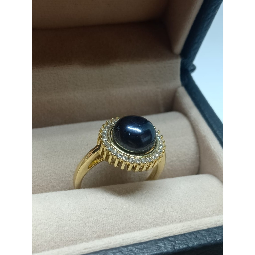 Cincin Rhodium Matahari Mutiara Air Tawar Hitam Free Kotak Cincin Kulit Elegan