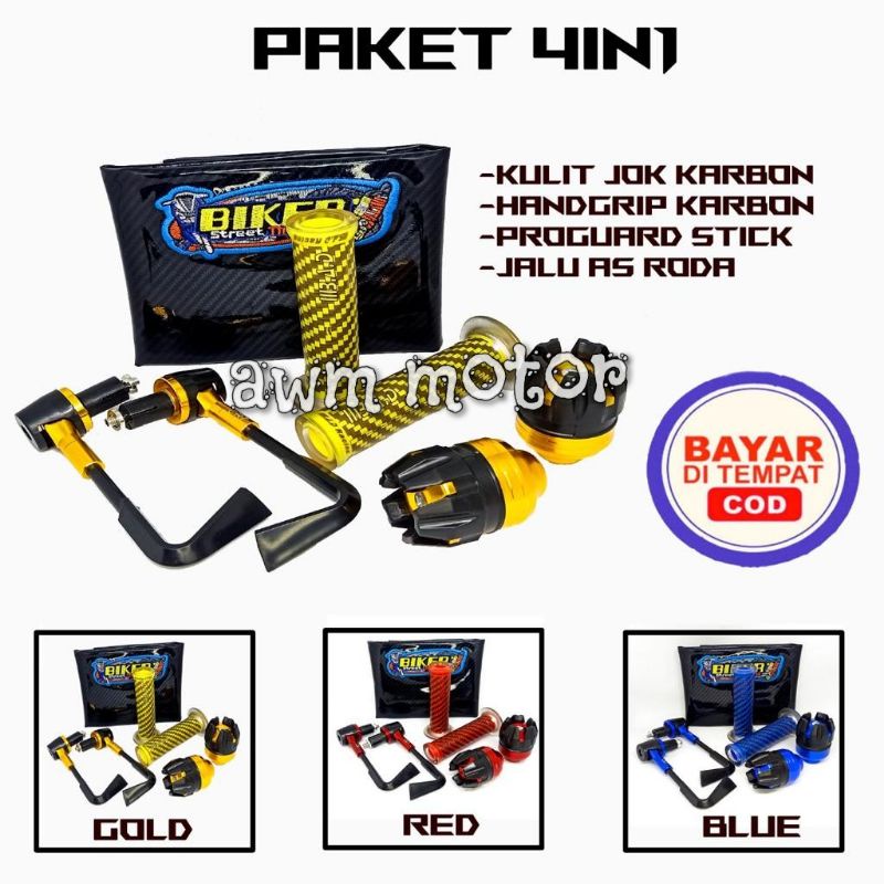 [PAKET MURAH 4 ITEM] KULIT JOK KARBON HITAM+PROGUARD L+JALU AS RODA DEPAN+GRIP BAD CARBON UNIVERSAL