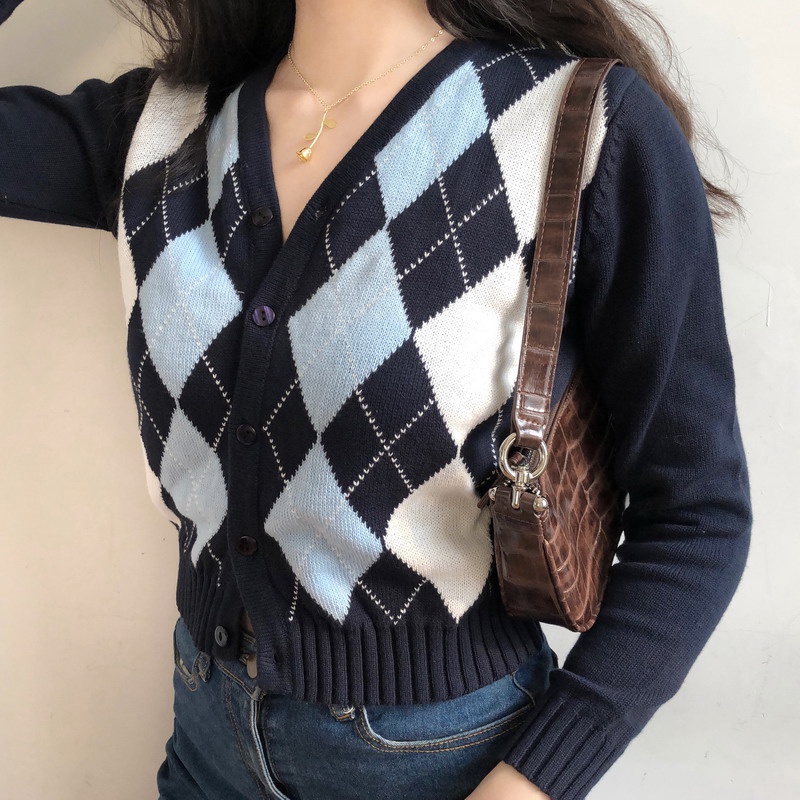 [chaoo.id]Kardigan Rajut Wanita Lengan Panjang Retro Kotak-kotak Atasan Potong Sweater Rajut Korea