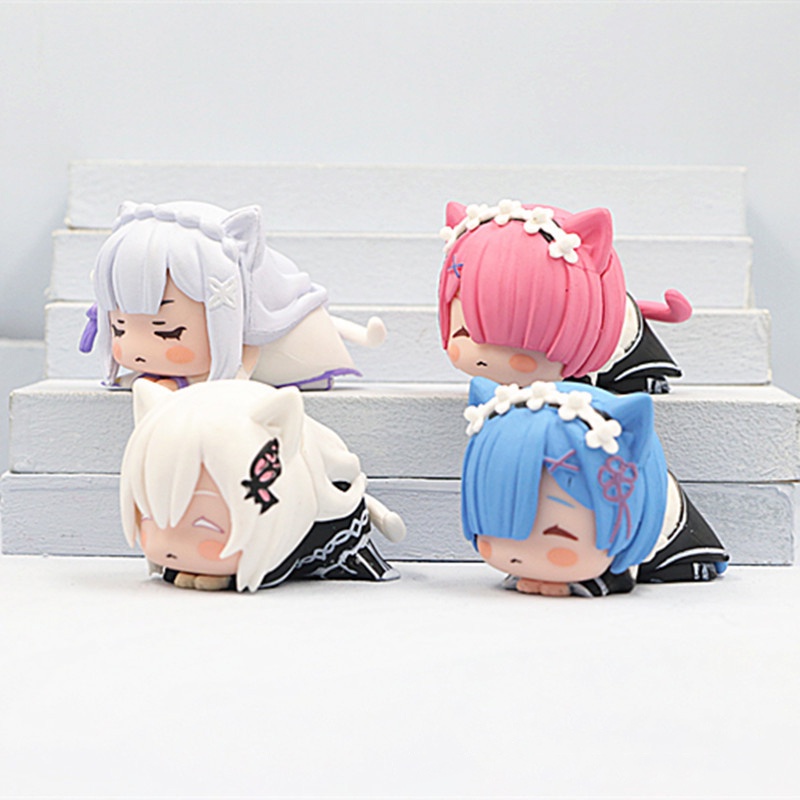 4pcs Mainan Action Figure Anime Re Life In A Different World From Zero Mini Sleep Cat Rem Ram Emilia Bahan PVC Untuk Hadiah