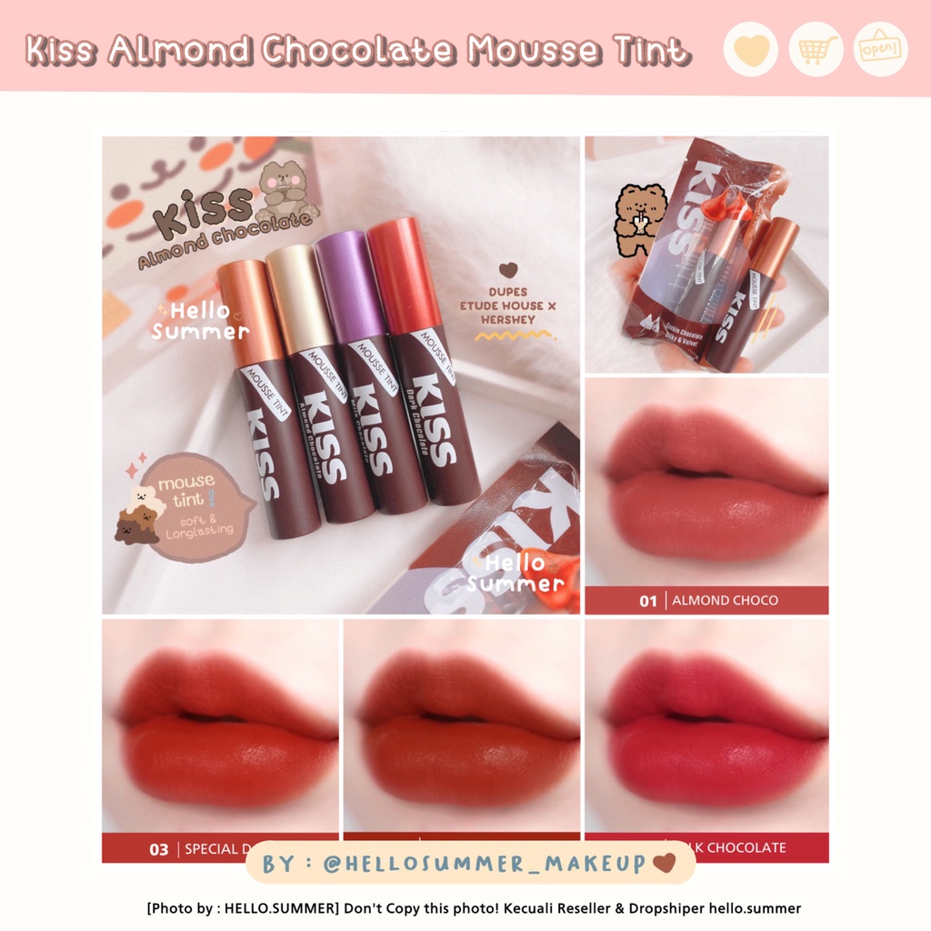 𝐌𝐎𝐔𝐒𝐒𝐄 𝐓𝐈𝐍𝐓 - Kiss Beauty Almond Chocolate Mousse Tint Matte Dupes Etude x Hersheys