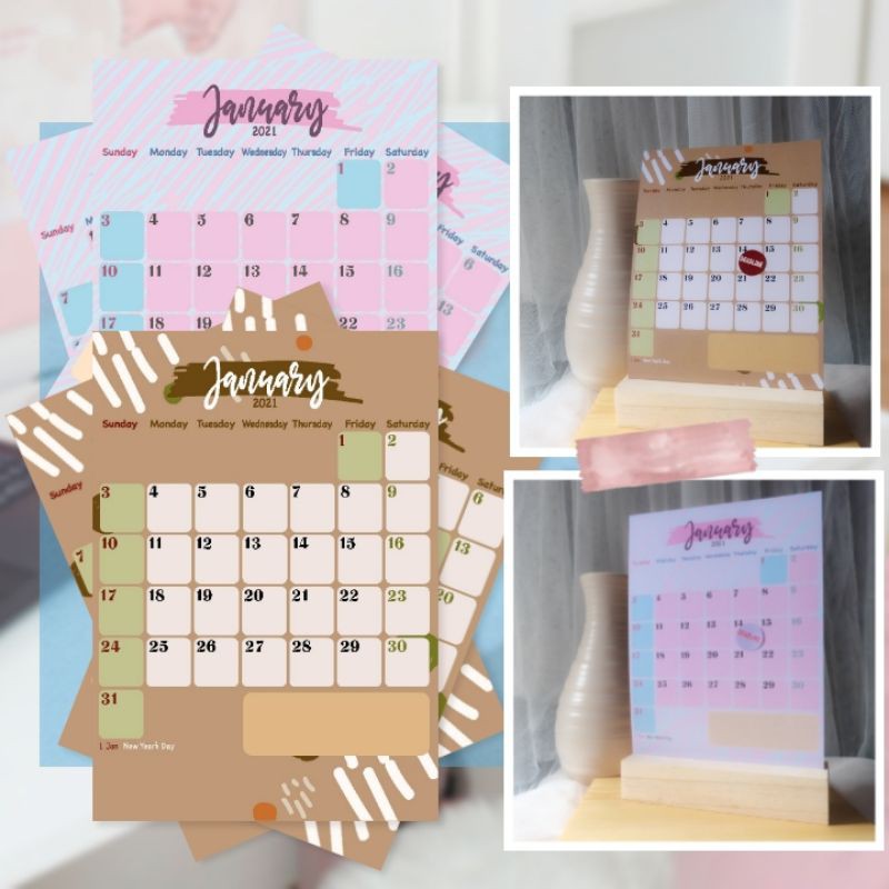Kalender Aesthetic Meja 2021 Include Holder Kayu Bonus Stiker