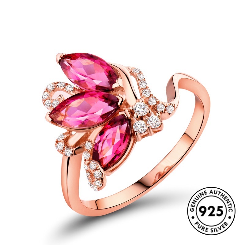 Cincin Sterling Silver 925 Model Tetesan Air Warna Rose Gold Untuk Wanita Ruby