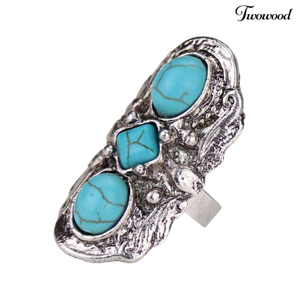 Twowood Stone Rings Bohemian Style Adjustable Green Stone Carved Flower Oval Opening Ring for Party