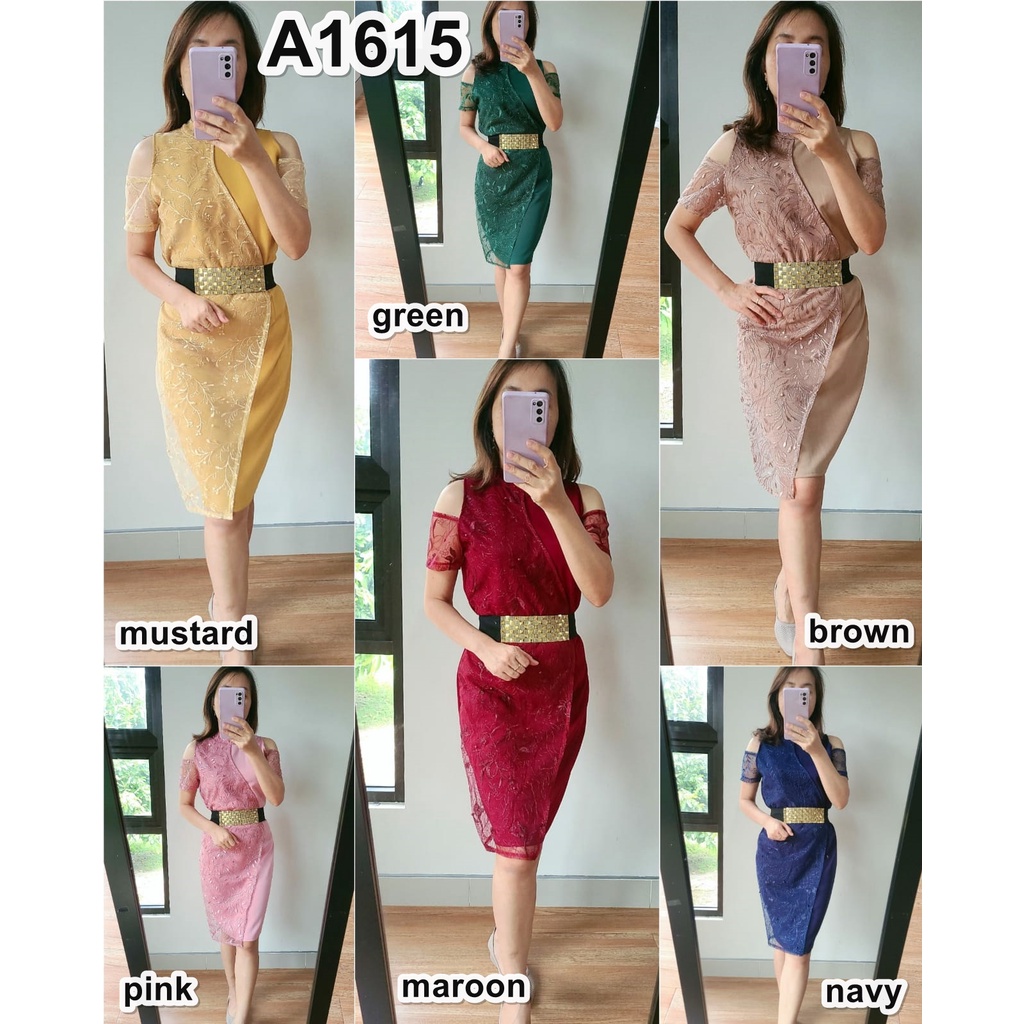 a1615 dres pesta wanita bahu bolong motif bunga