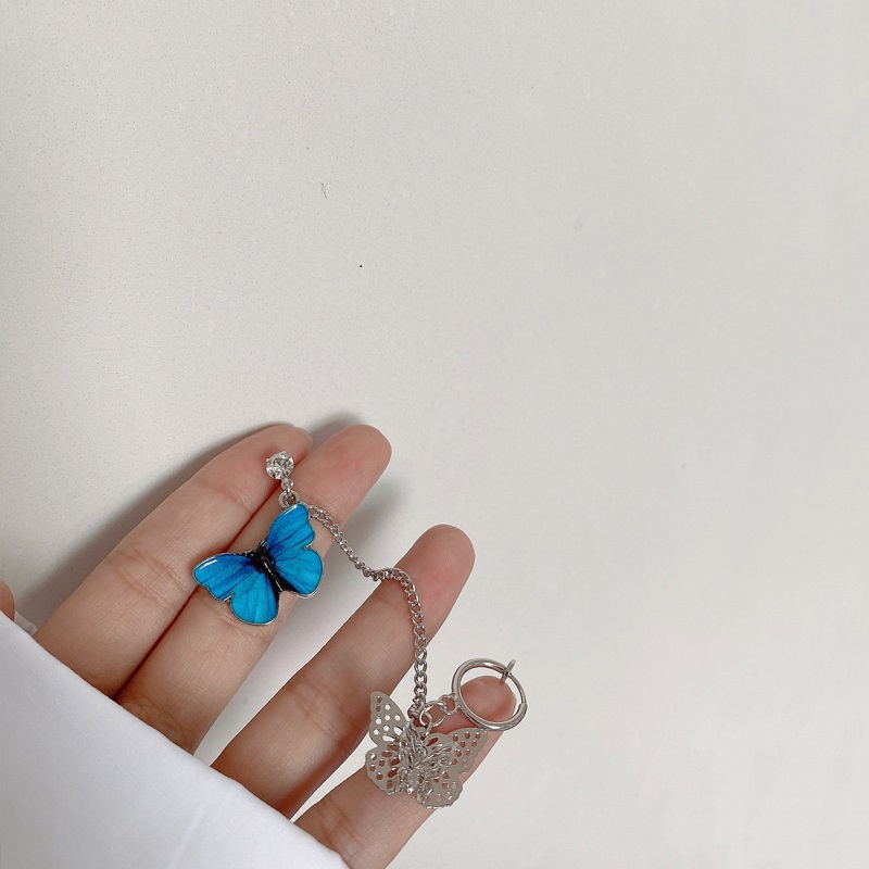 (Single) blue butterfly kancing klip telinga satu potong INS gaya keren kepribadian super cool Net m