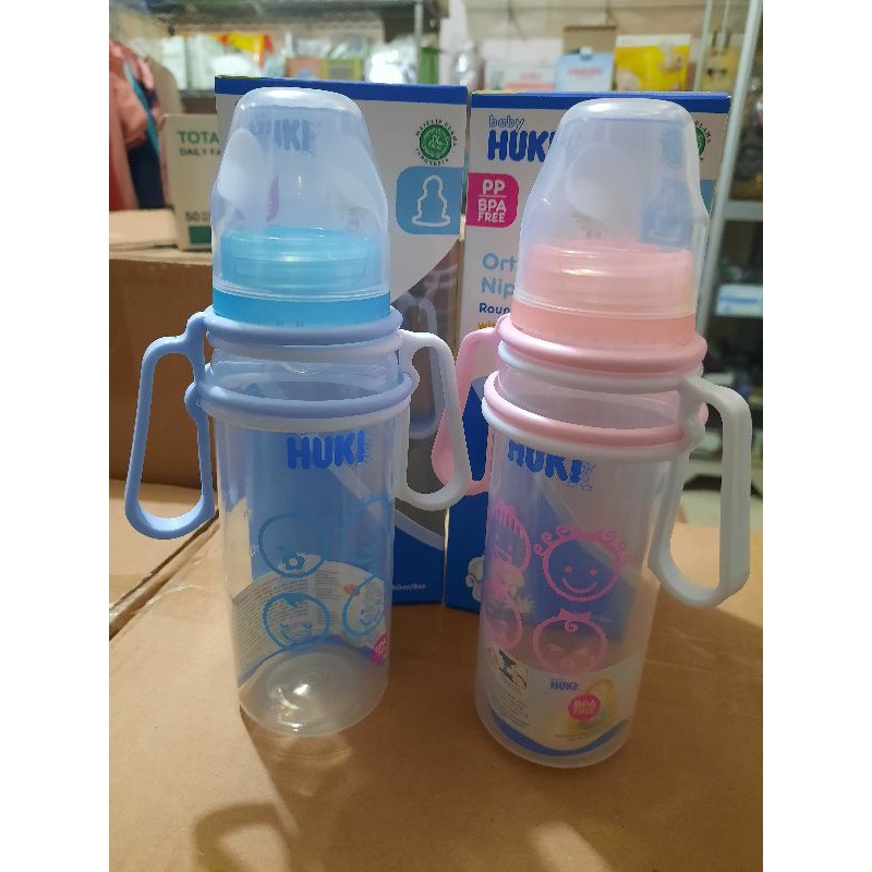 HUKI Botol Susu Dot Gepeng Nipple Silikon BPA Free HALAL ORIGINAL 120ml/240ml/dengan pegangan