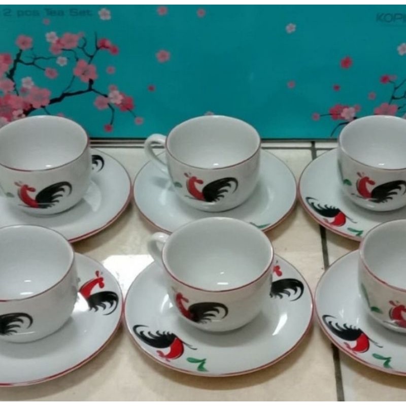 Tea set keramik motif ayam jago kopin