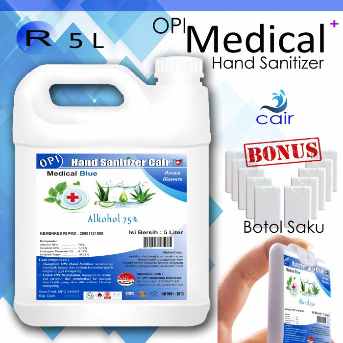 Hand Sanitizer 5 Liter Cair Bonus Pocket Bottle spray (Botol saku) Produk OPI varian baru By Oke Sabun sudah ada izin edar resmi by Oke sabun suplayer