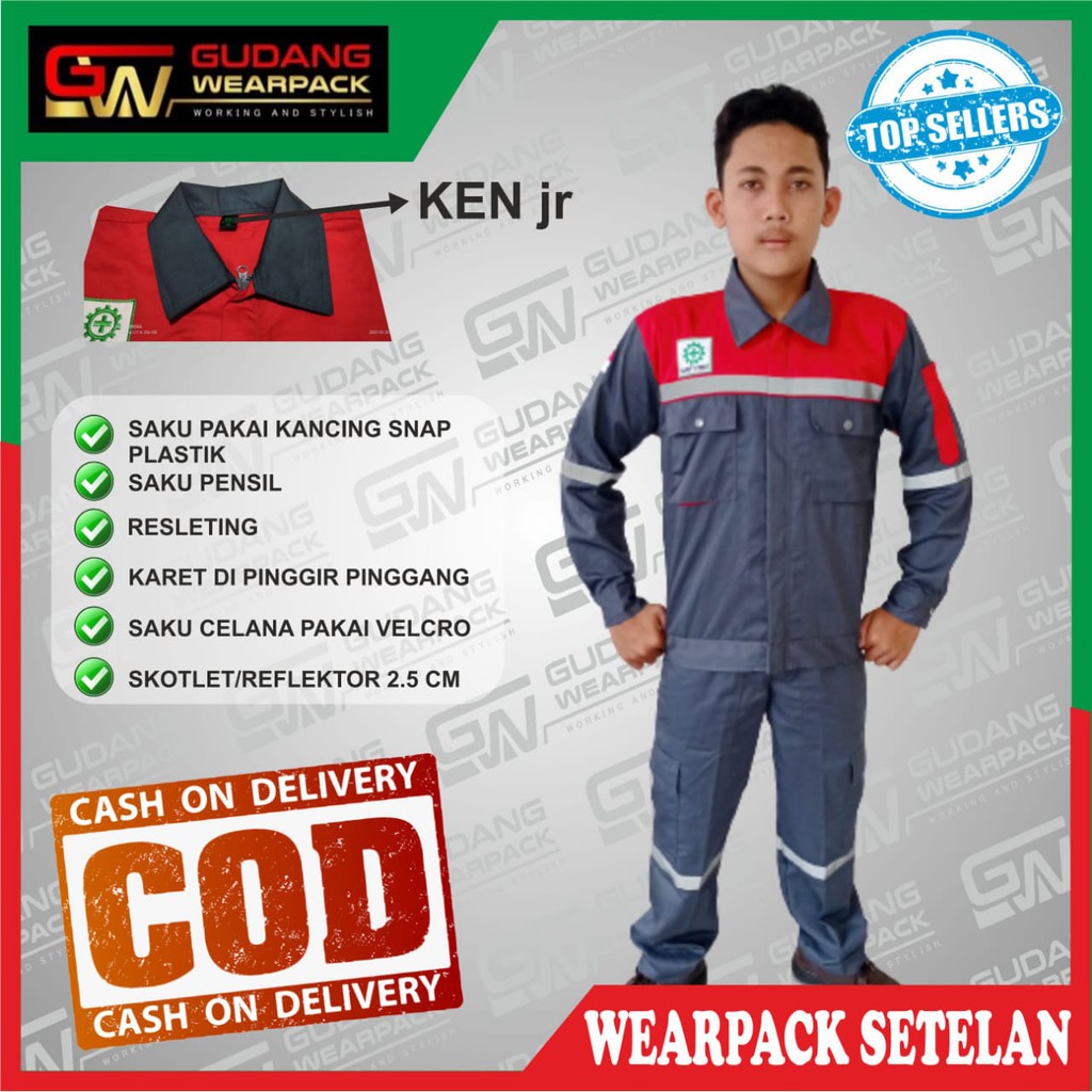 Star Wearpack -  Baju Kerja Proyek  Setelan Baju &amp; Celana Warna Abu Kombinasi Merah