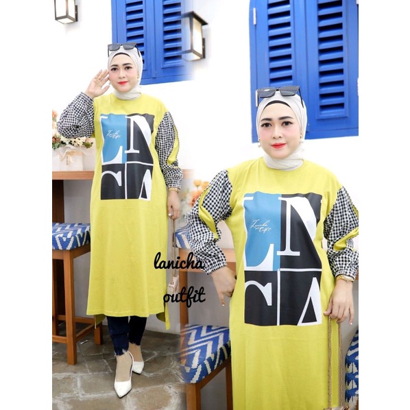 LONG TUNIK KAOS KOMBINASI LANICHA ORIGINAL / KAOS TUNIK WANITA LENGAN PANJANG / MIDI DRESS WANITA MU