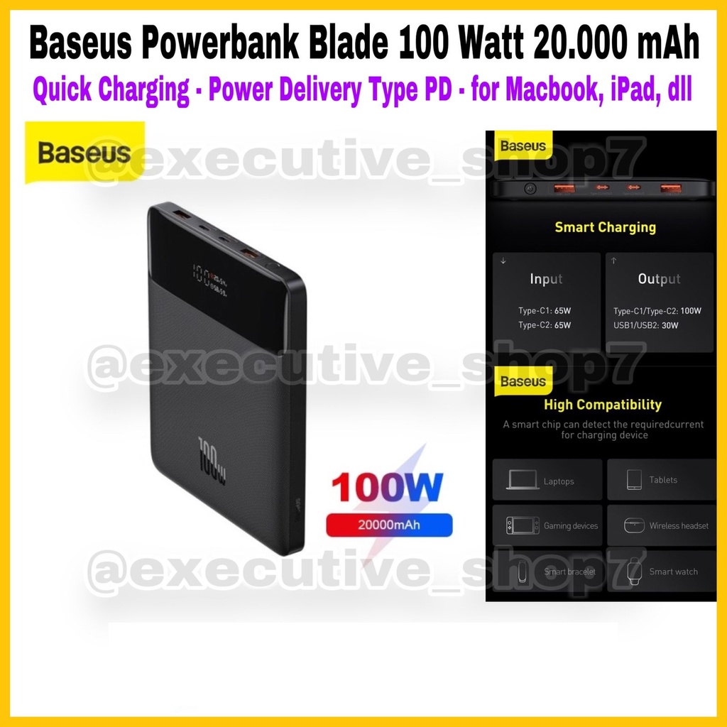 Baseus Powerbank Blade 100 Watt 20.000 mAh - Quick Charging - Power Delivery Type C PD - for Macbook, iPad, dll