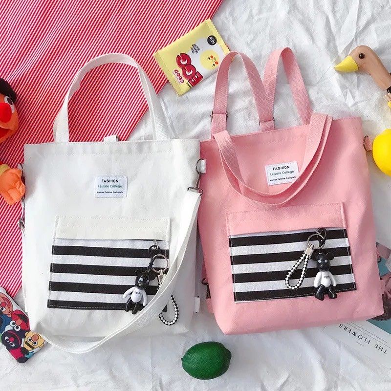 Totebag Motif Garis Minimalis Terlaris Fashion Korea (Bisa Totebag Bisa Selempang Bisa Ransel)