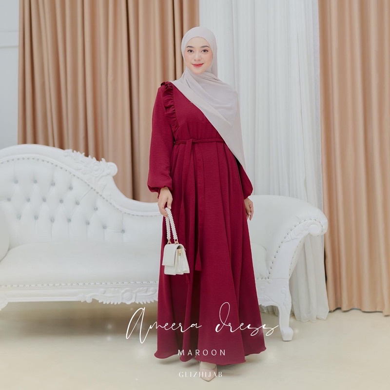 GlizHijab | Ameena Dress | Gamis Remaja Muslimah Terbaru Fashion Wanita Gamis Cringkle Ukuran XS - JUMBO-Maroon