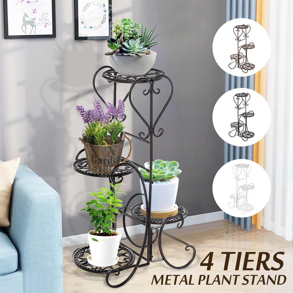 [Elegan] Stand Tanaman Balkon Ruang Tamu 4tingkat Besi Tempa Indoor Outdoor Metal Planter Holder