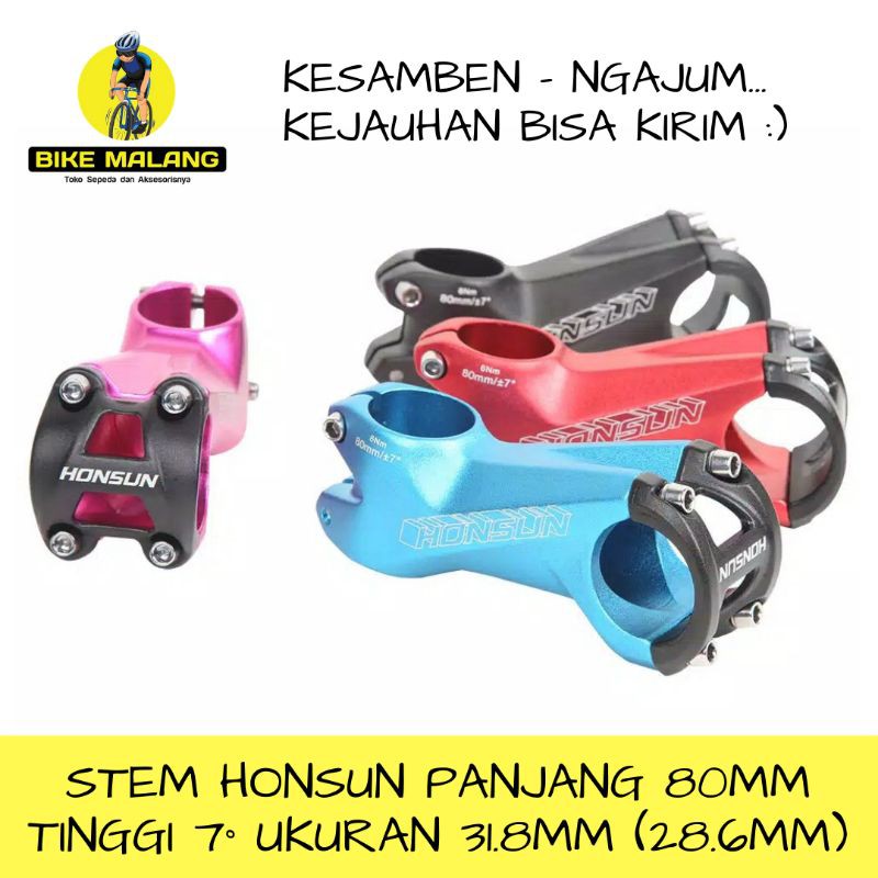 Stem Honsun Warna Hitam Panjang 80 mm dan Tinggi 7 Derajat Fork Ukuran 28.6 mm dan Stang 31.8 mm