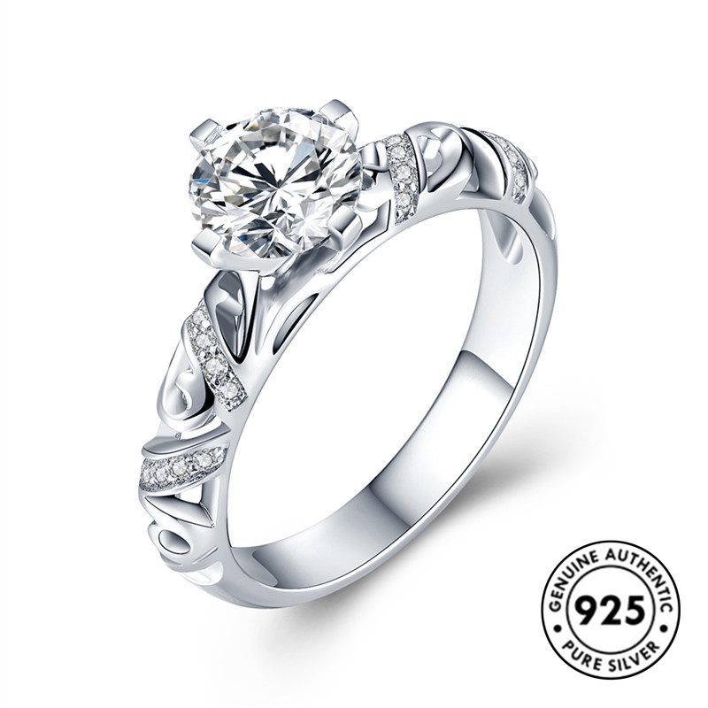 Cincin Sterling Silver 925 Elegan Model Hollow Dengan Berlian Untuk Wanita