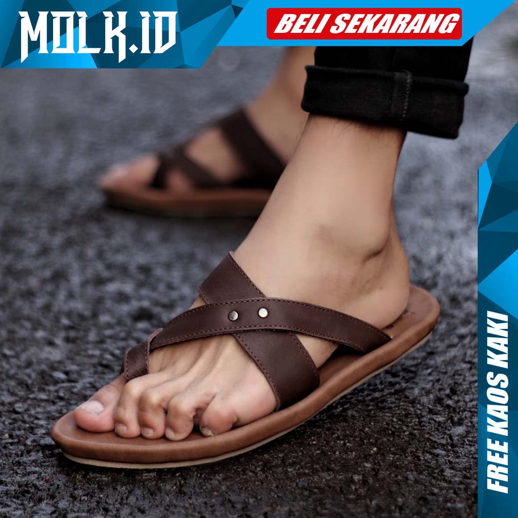 MOLK Sandal Kasual Kulit Asli Original Distro Murah Sendal Pria Kekinian Simple Anti Slip