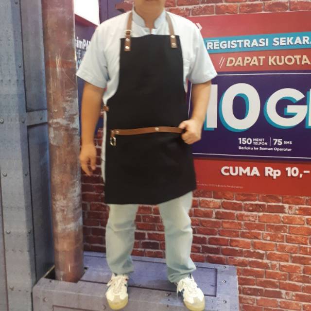 Apron Canvas With Sintetic Leather - Celemek Shoesclean Barista Bartender Barberman Chef Koki Barber