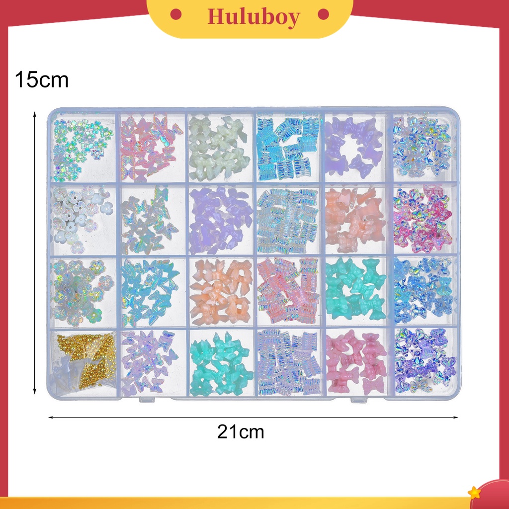 Huluboy Huluboy♡ 24 Grids / Box Berlian Imitasi Glitter Warna-Warni Untuk Dekorasi Nail Art