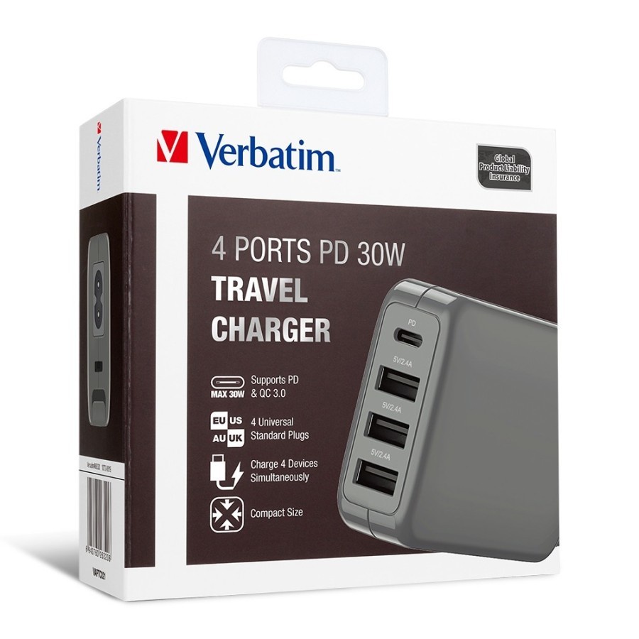 Travel Charger Verbatim 4Port PD 30W 1x USB C, 3x USB A-Verbatim 66320