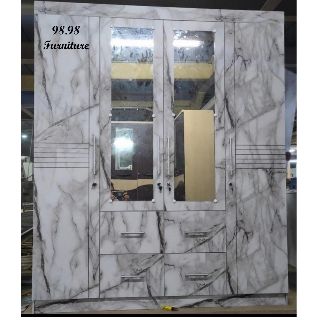 TOPPAN Monalisa Lemari Pakaian 4 Pintu Putih Motif Marmer - Lemari Baju Putih 4 Pintu Murah - Medan
