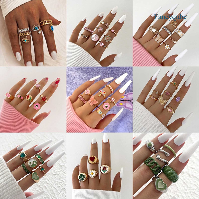 Fancyqube Set Cincin Knuckle Kristal Gaya Vintage Boho Untuk Wanita