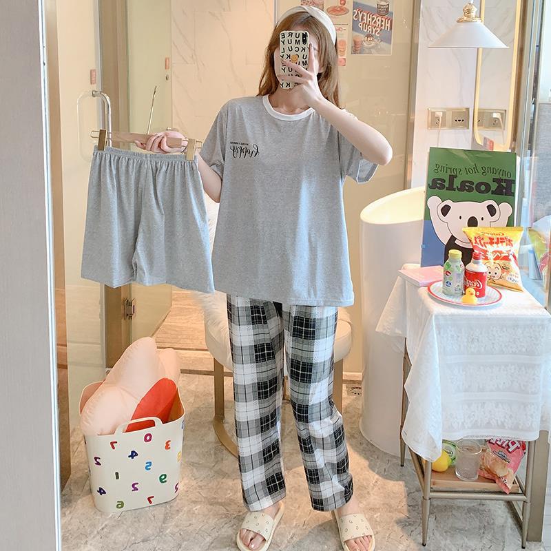 AJW Shop Piyama 3 in 1 | Piyama Lengan Pendek | Baju Tidur Impor | Baju Tidur 3in1-Happy Abu