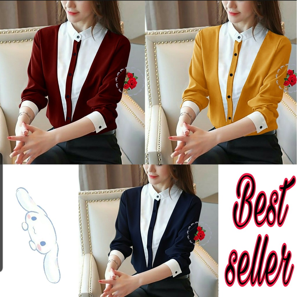 *[IJFK] Blouse Korea Kombinasi V Panjang Wanita / Blouse Wanita / Atasan Kemeja Wanita