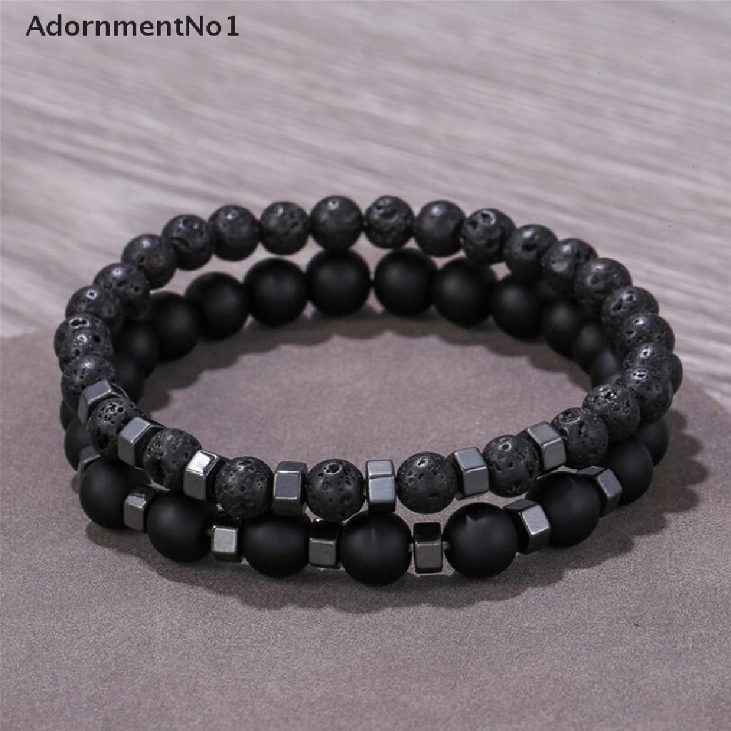 (AdornmentNo1) 2pcs / Set Gelang Manik Batu Lava Volkanik Alami Elastis Untuk Pria