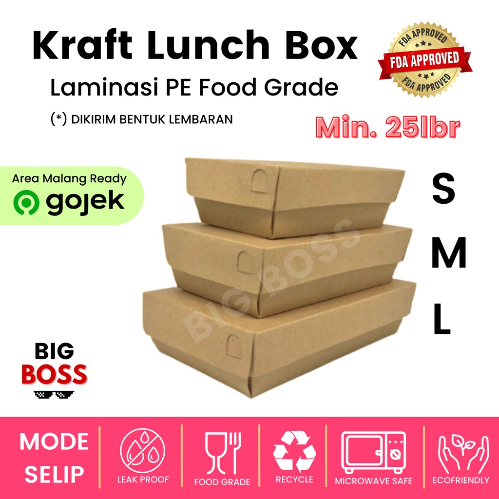 Lunch Box Paper Kraft Coklat Laminasi Ukuran S/M/L Tebal 290gsm