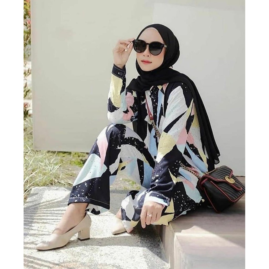 SETELAN Baju Tidur Piyama Rayon Premium TIEDYE SET (YURA SET) Lengan panjang ALLSIZE WARNA HITAM
