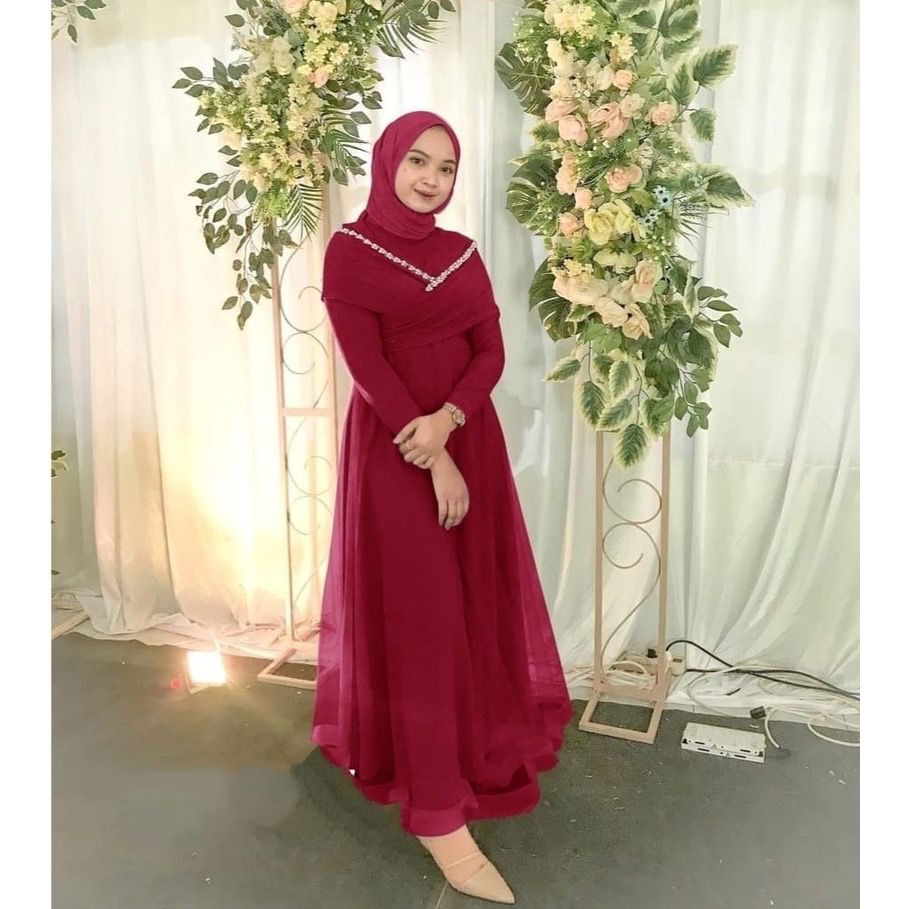 Gamis Maxi Pricilla / Gamis Terbaru / Dress Pesta Kondangan / Bahan Moscrepe Kombinasi Organza / Ukuran M, L, dan XL/ Seragam Bridesmaid Muslim