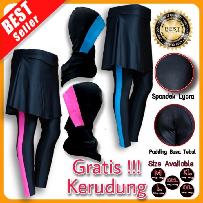 Celana Sepeda Panjang Rok MTB Lipat Gunung Padding Jersey Wanita Hijab - List Blue, M