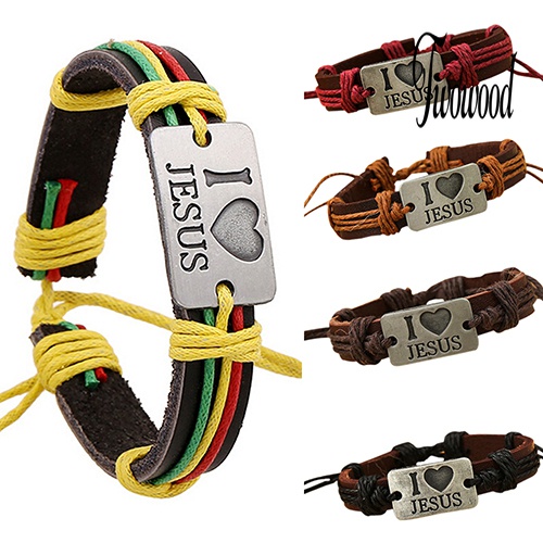 Gelang Tali Rami Adjustable Bahan Kulit Imitasi Motif I LOVE JESUS Untuk Unisex