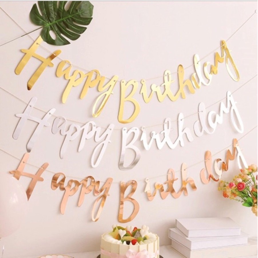 Banner tulisan happy birthday hbd bersambung metalik gold silver rosegold backdrop spanduk