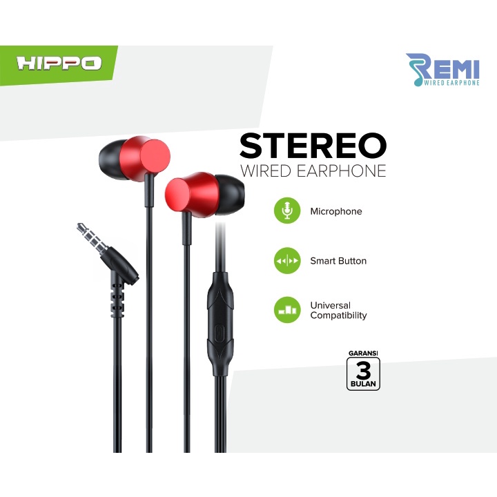 Hippo Earphone Remi Super Bass Jack 3.5 mm Wired Handsfree Android Original Earbuds Headset