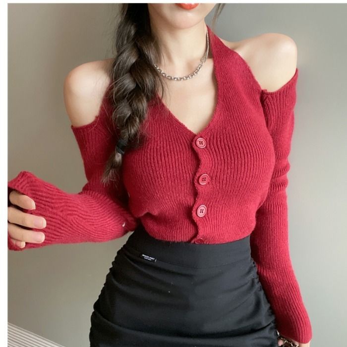 Suhao Tik Baru Musim GugurTok Pop Pakaian Murni Keinginan Leher Off-shoulder Lengan Panjang V-Neck Knit Spice Girl Top