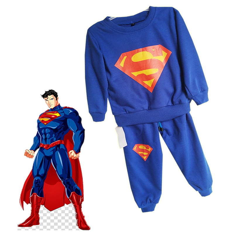 Setelan Jogger Sweater Training Anak Superhero Superman Biru Umur 2 3 4 5 6 Tahun