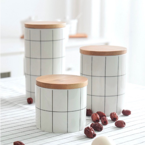 Set Toples Keramik Putih Kotak Tutup Kayu Nordic Ceramic Jar 3 Pcs