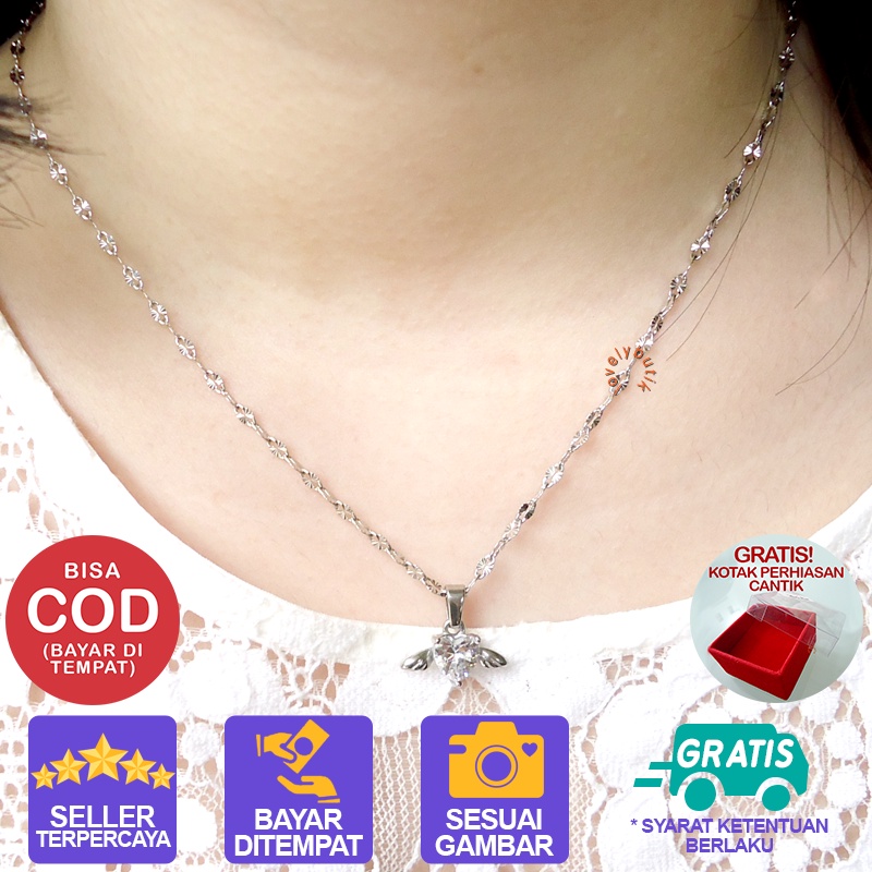 Lovelybutik Kalung Titanium Anti Karat Luci4 Kalung Wanita + Liontin Love W1ng Cristal BONUS KOTAK