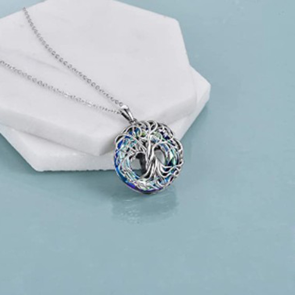 Fancyqube Kalung Desain Pohon Kehidupan Aksen Kristal Biru Bahan Sterling Silver Untuk Wanita