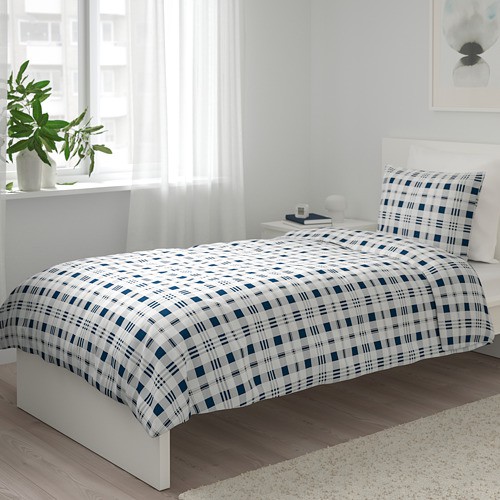 SPIKVALLMO Sarung quilt 150 x 200 cm dan sarung bantal putih biru motif kotak