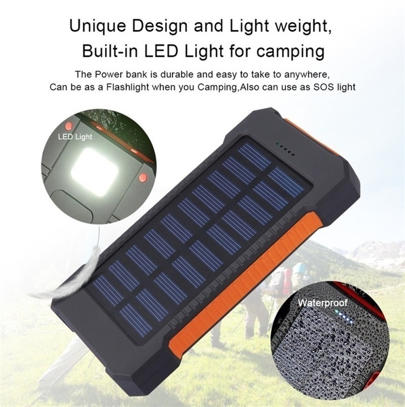 50000mAh Solar Panel Powerbank Charger USB Ports Powerbank External Charger Flashlight